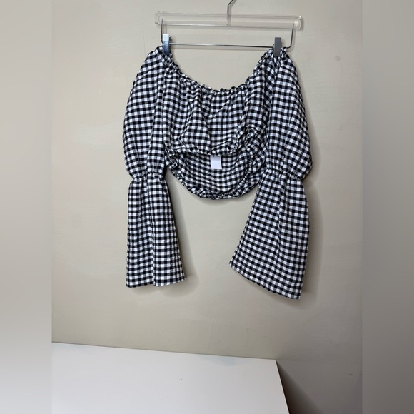TOPSHOP Black White Gingham Plaid Print Flare Long Sleeve Crop Top 10 NWT - Picture 3 of 9